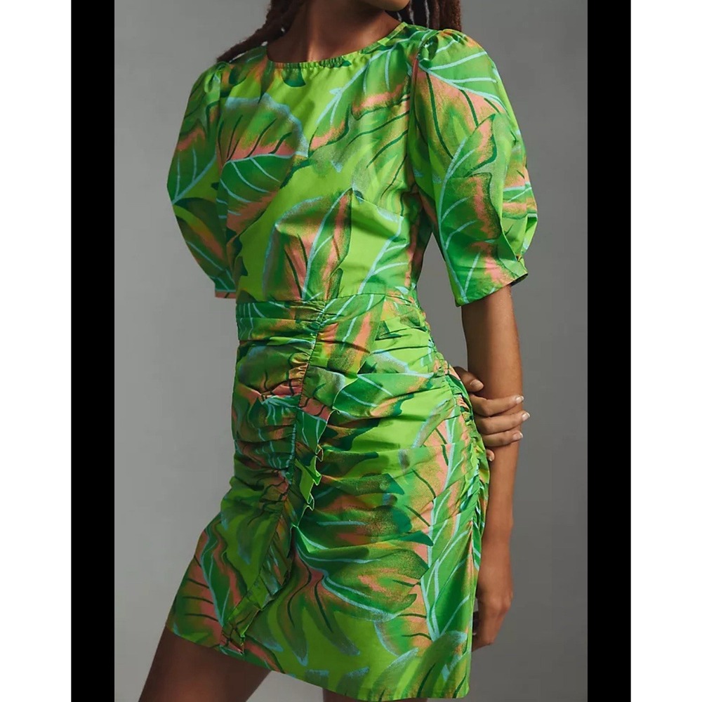 NWT FARM RIO 3XL Anthropologie Puff-Sleeve Mini Dress Lime Green Floral Ruffle - Picture 10 of 11